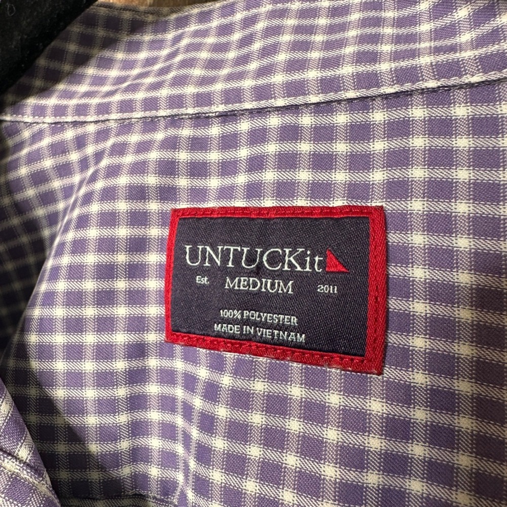 UNTUCKit Mens Medium Purple White Gingham Plaid Long Sleeve Button Down Shirt - Picture 3 of 7